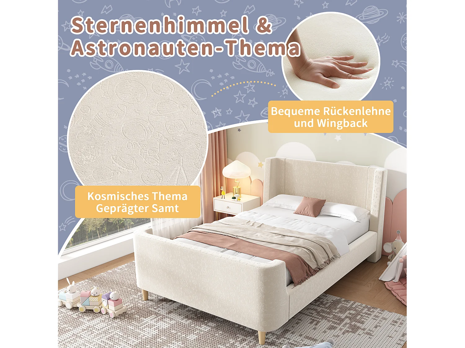 Lit enfant rembourré, design luge avec motif cosmique, velours beige, sans matelas (212x99x76cm)