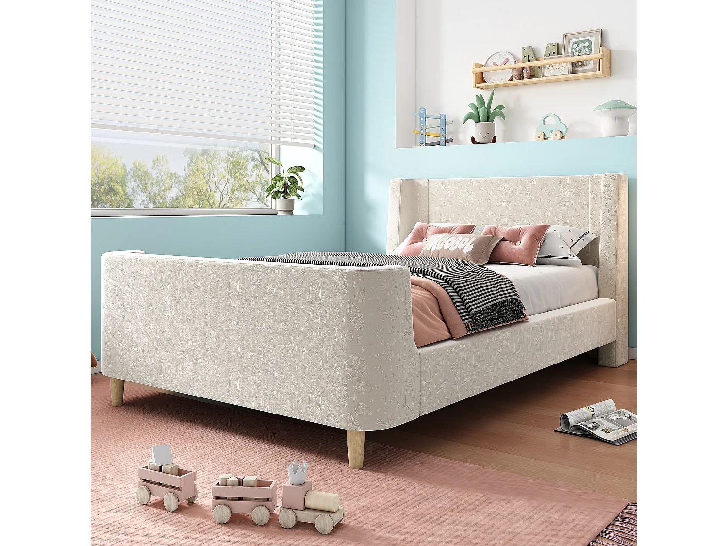 Lit enfant rembourré, design luge avec motif cosmique, velours beige, sans matelas (212x99x76cm)