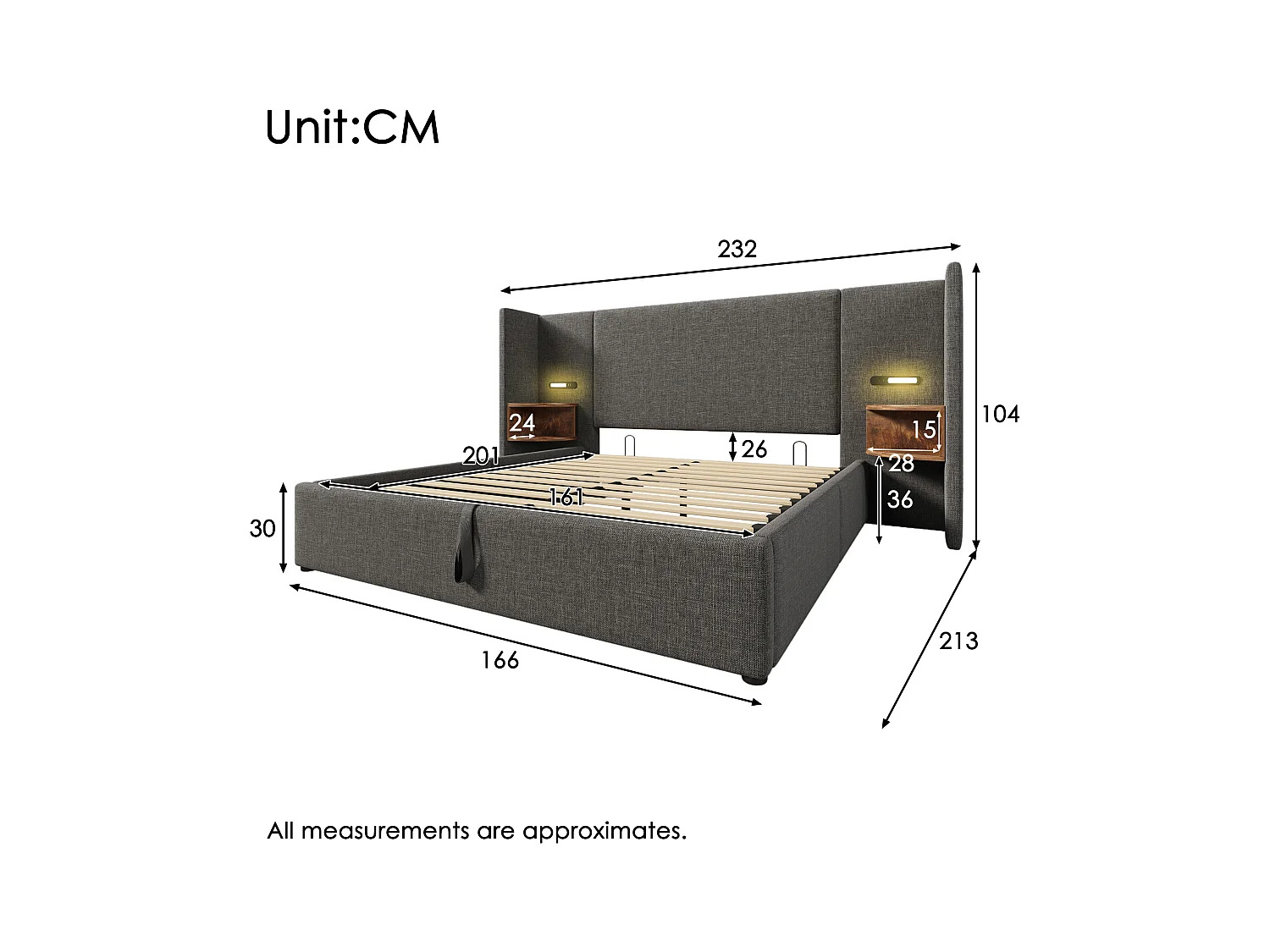 Lit double avec rangement hydraulique, tête de lit multifonction, cadre en lin gris, bois massif et métal, lampe tactile et ports USB (232x213x104cm)