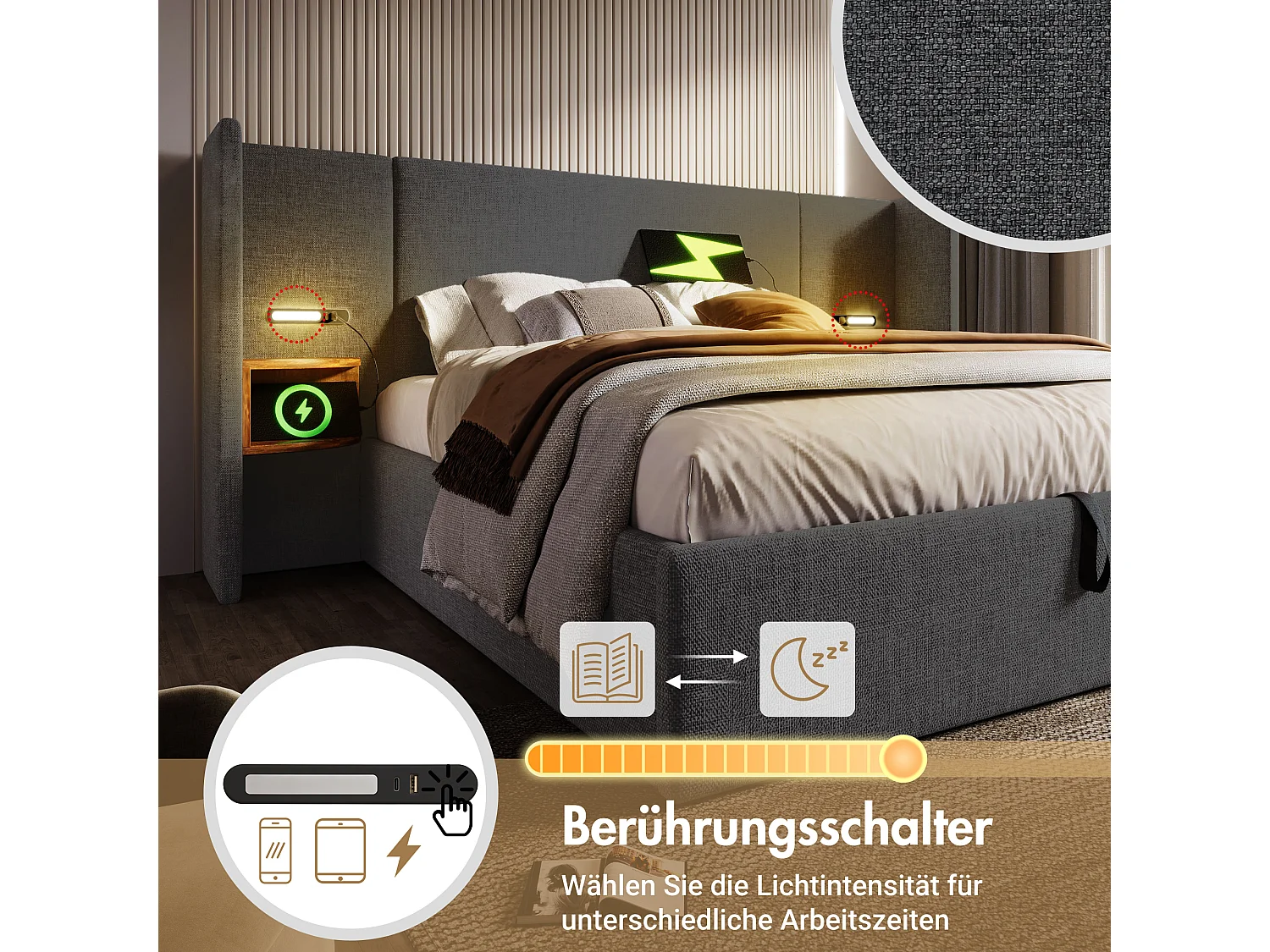 Lit double avec rangement hydraulique, tête de lit multifonction, cadre en lin gris, bois massif et métal, lampe tactile et ports USB (232x213x104cm)