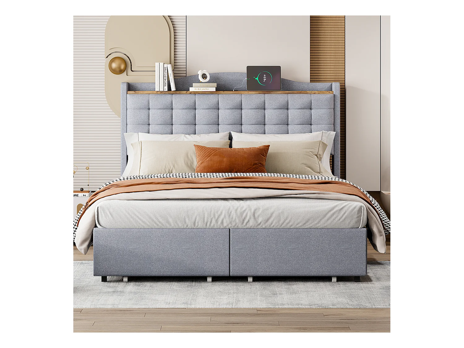 Lit tapissé 140x200 cm avec prise USB, LED, 4 tiroirs, tissu lin gris (200x146x110 cm)