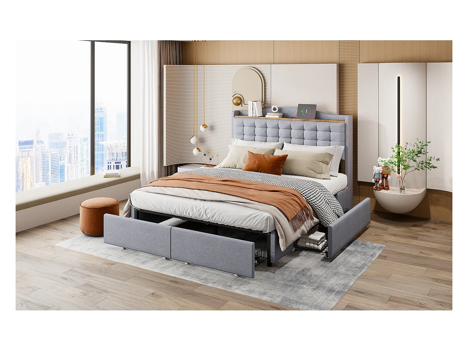 Lit tapissé 140x200 cm avec prise USB, LED, 4 tiroirs, tissu lin gris (200x146x110 cm)