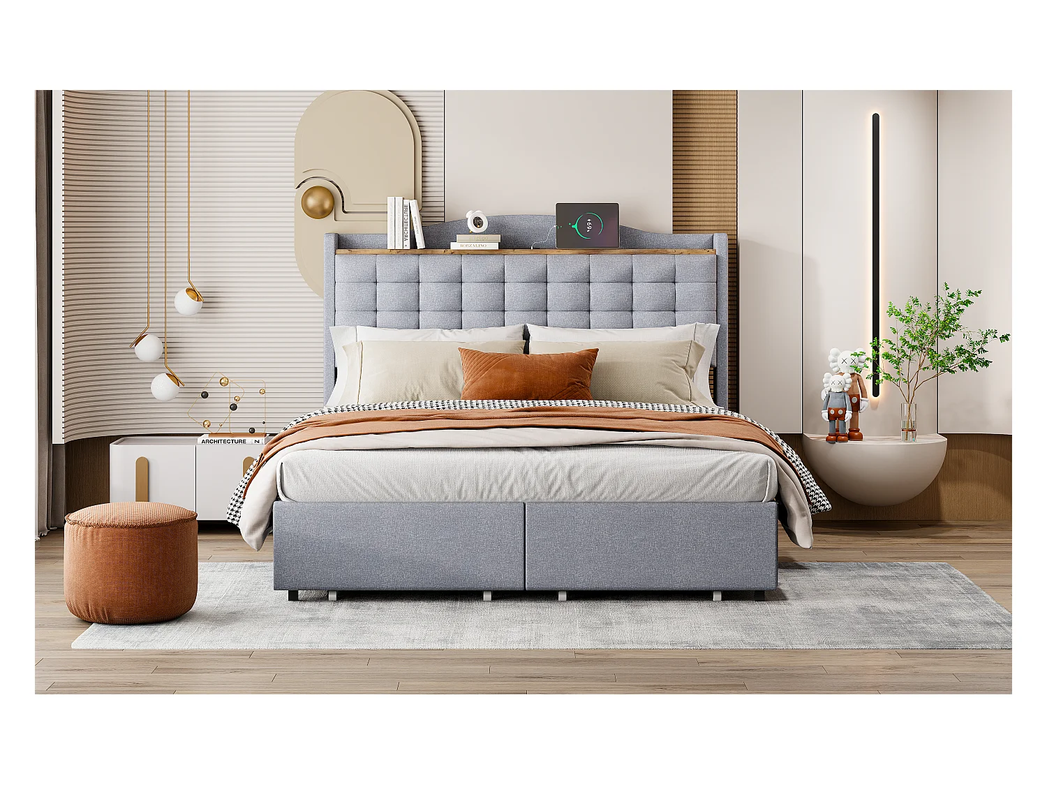 Lit tapissé 140x200 cm avec prise USB, LED, 4 tiroirs, tissu lin gris (200x146x110 cm)