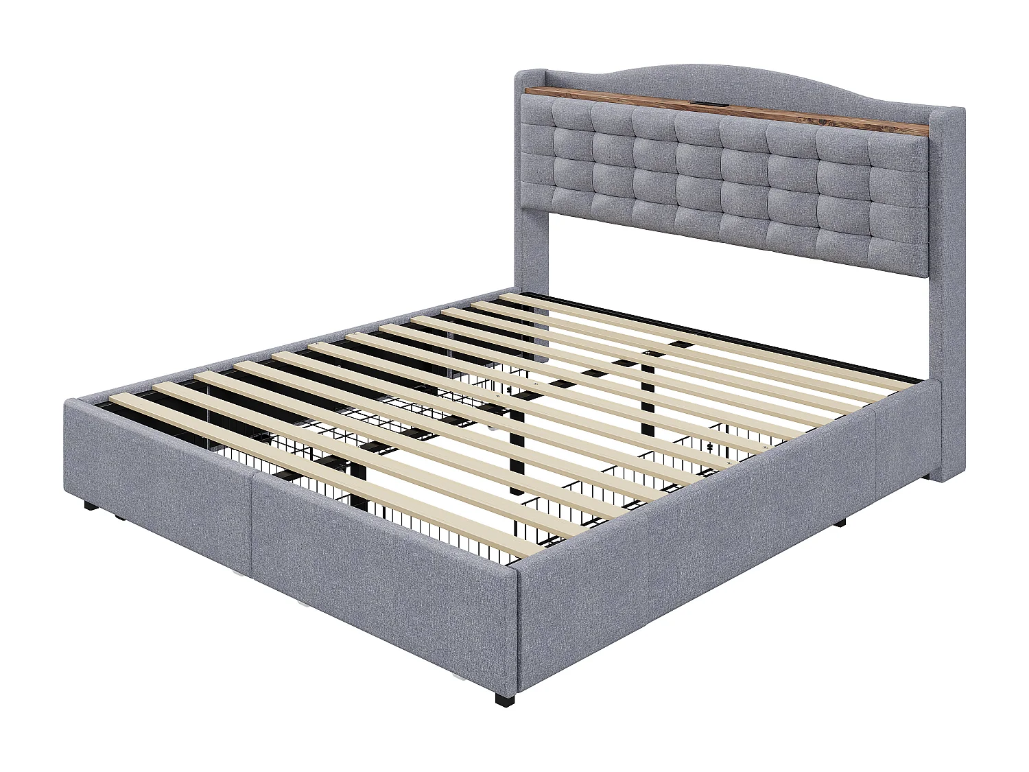 Lit tapissé 140x200 cm avec prise USB, LED, 4 tiroirs, tissu lin gris (200x146x110 cm)