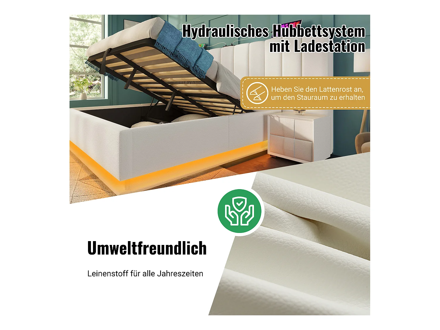 Tweepersoonsbed 180x200, Bed met opbergruimte, LED-bediening via app, USB-C, PU, Wit (268x211x112 cm)