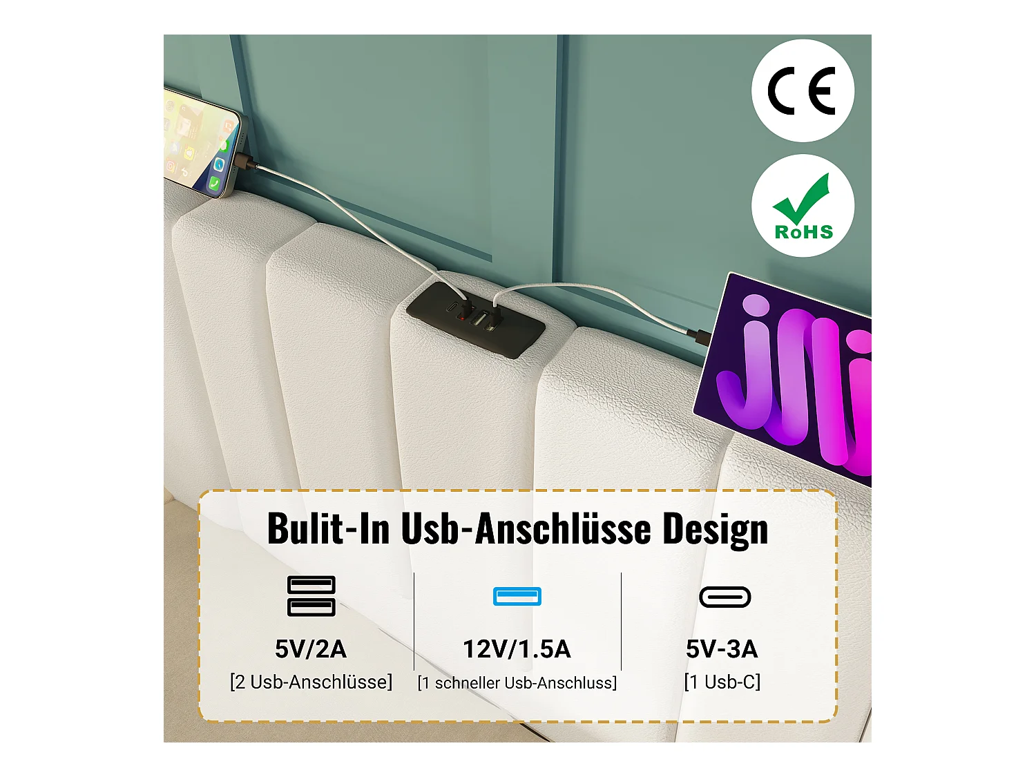 Tweepersoonsbed 180x200, Bed met opbergruimte, LED-bediening via app, USB-C, PU, Wit (268x211x112 cm)