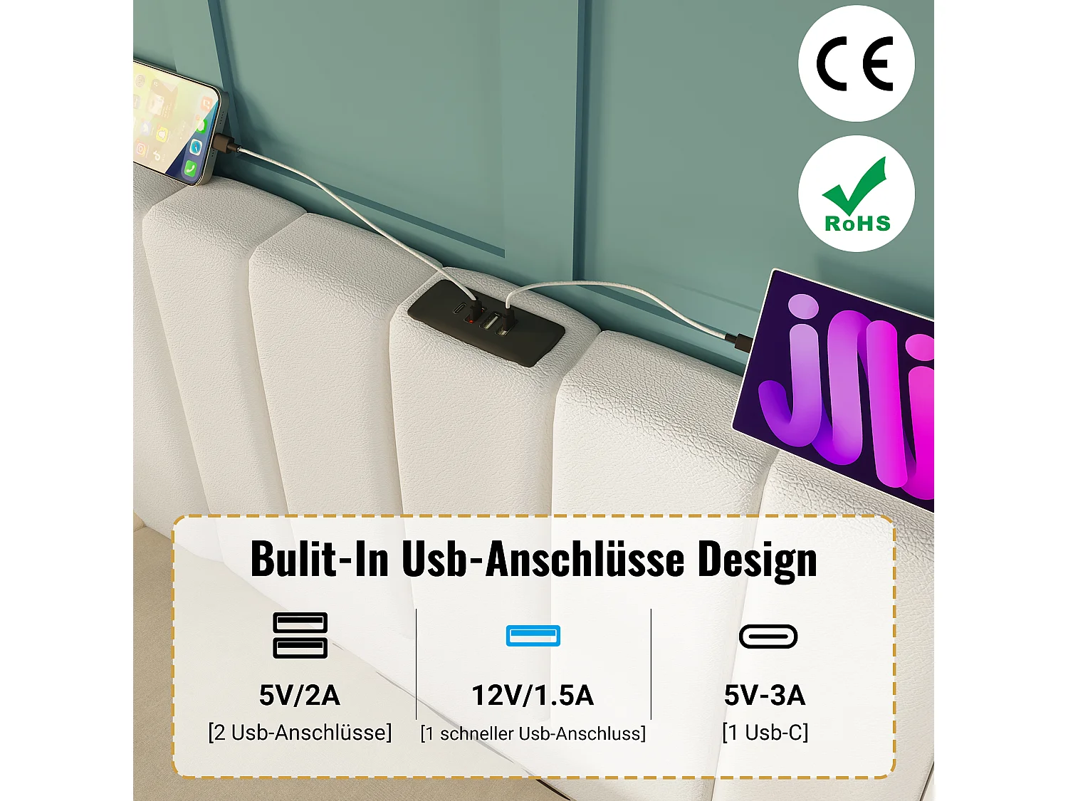 Lit double 180x200, Lit avec rangement, LED contrôlable via App, USB-C, PU, Blanc (268x211x112 cm)