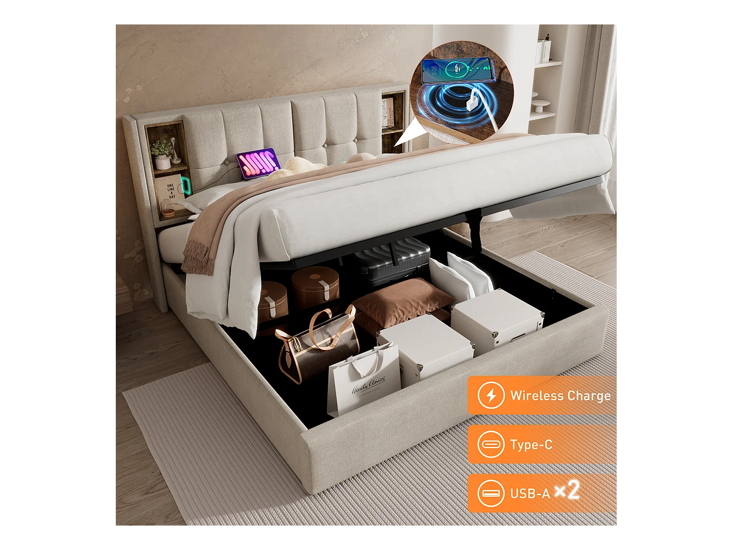 Letto matrimoniale con caricabatterie wireless USB-C, struttura rivestita in lino naturale, contenitore integrato, 160x200 cm (206x165x100,5 cm)