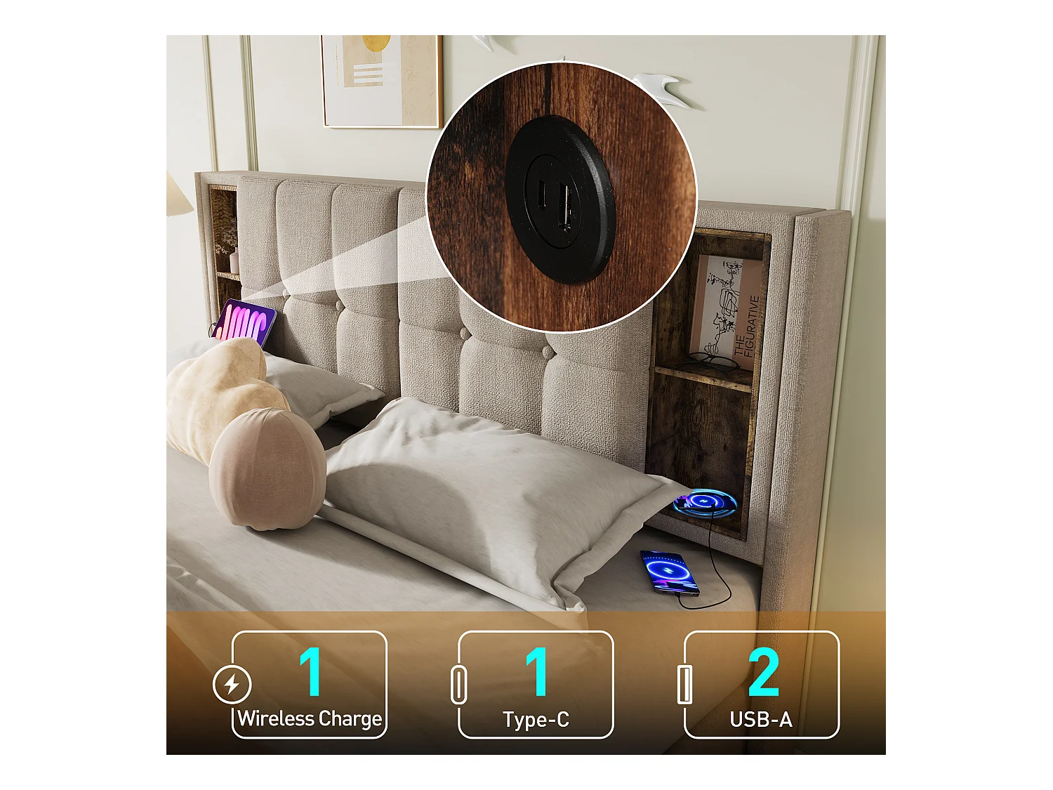 Letto matrimoniale con caricabatterie wireless USB-C, struttura rivestita in lino naturale, contenitore integrato, 160x200 cm (206x165x100,5 cm)