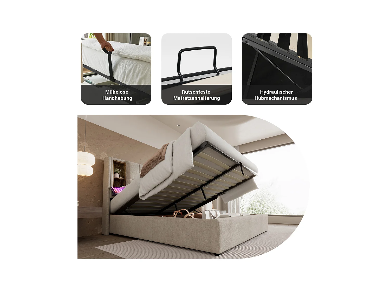 Letto matrimoniale con caricabatterie wireless USB-C, struttura rivestita in lino naturale, contenitore integrato, 160x200 cm (206x165x100,5 cm)