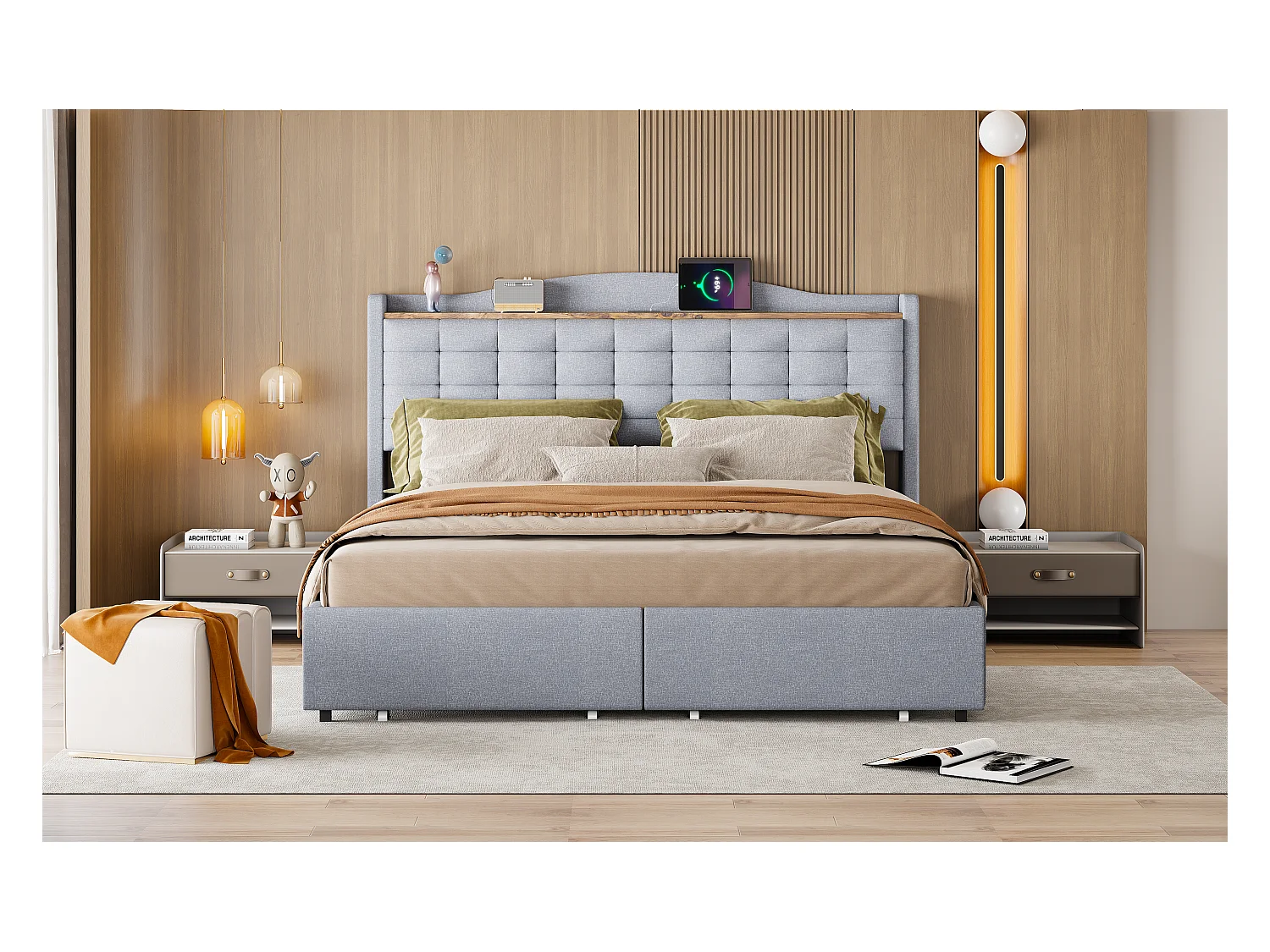 Lit tapissé 160x200 cm avec LED, prise USB, tête réversible, 4 tiroirs, tissu lin gris (201x161x110 cm)