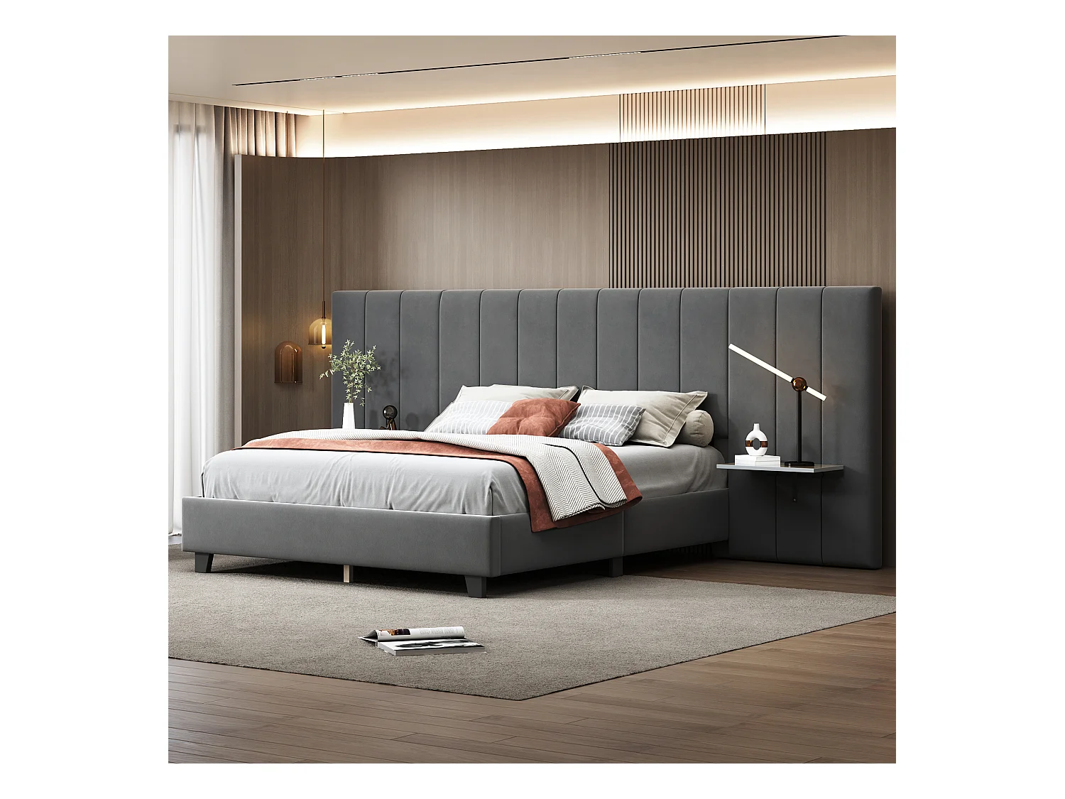 Letto imbottito 160x200 cm, testiera allungata reversibile, mensole laterali, tessuto in velluto grigio (201x161x108 cm)