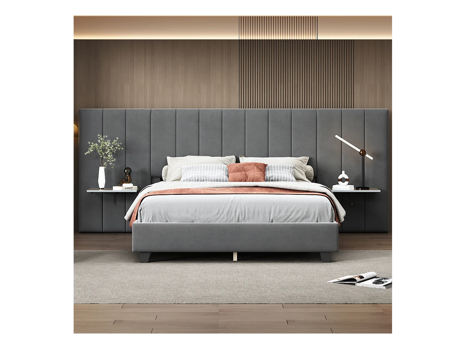 Letto imbottito 160x200 cm, testiera allungata reversibile, mensole laterali, tessuto in velluto grigio (201x161x108 cm)