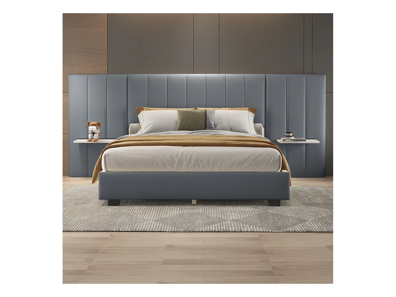 Letto imbottito 160x200 cm, testiera allungata reversibile, mensole laterali, tessuto in velluto grigio (201x161x108 cm)