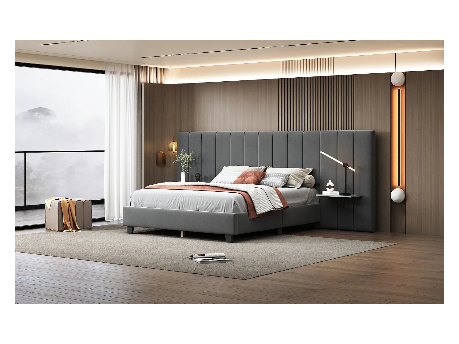 Letto imbottito 160x200 cm, testiera allungata reversibile, mensole laterali, tessuto in velluto grigio (201x161x108 cm)