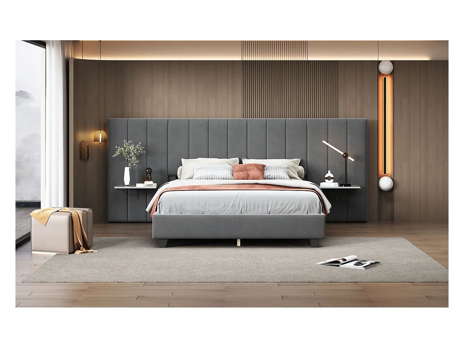 Letto imbottito 160x200 cm, testiera allungata reversibile, mensole laterali, tessuto in velluto grigio (201x161x108 cm)