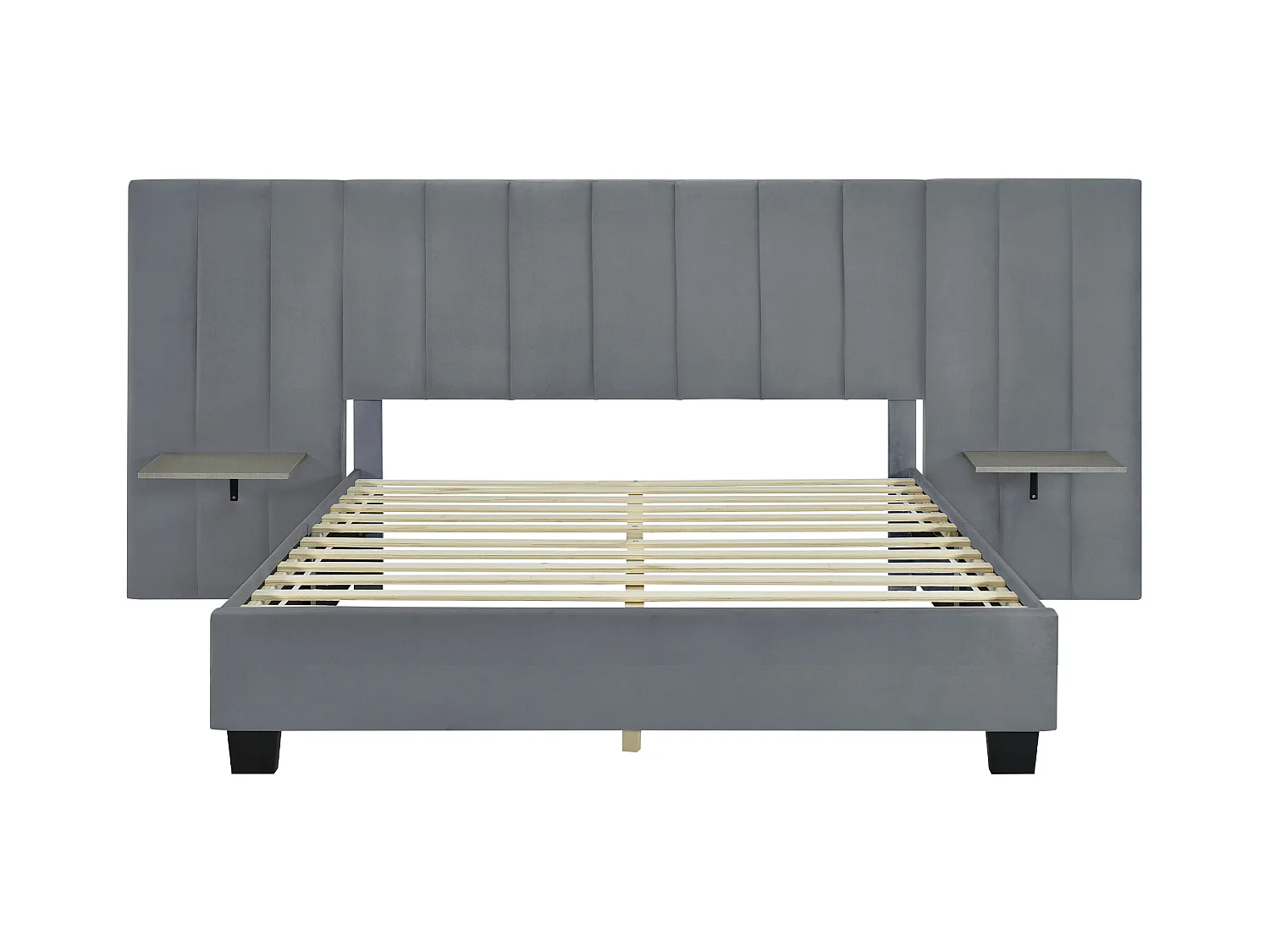 Letto imbottito 160x200 cm, testiera allungata reversibile, mensole laterali, tessuto in velluto grigio (201x161x108 cm)