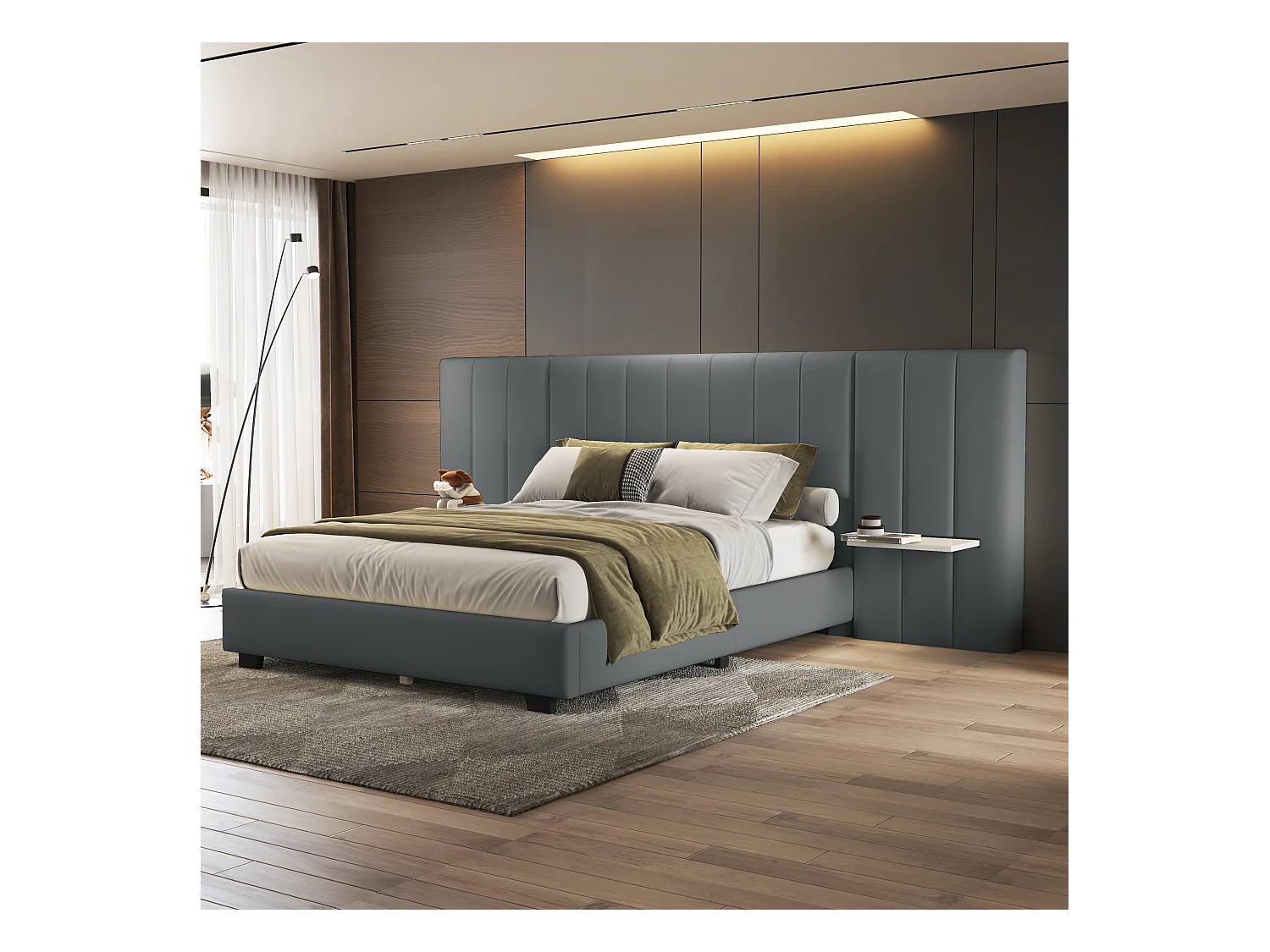 Cama tapizada 160x200 cm, cabecero alargado reversible, baldas laterales, tela terciopelo gris (201x161x108 cm)