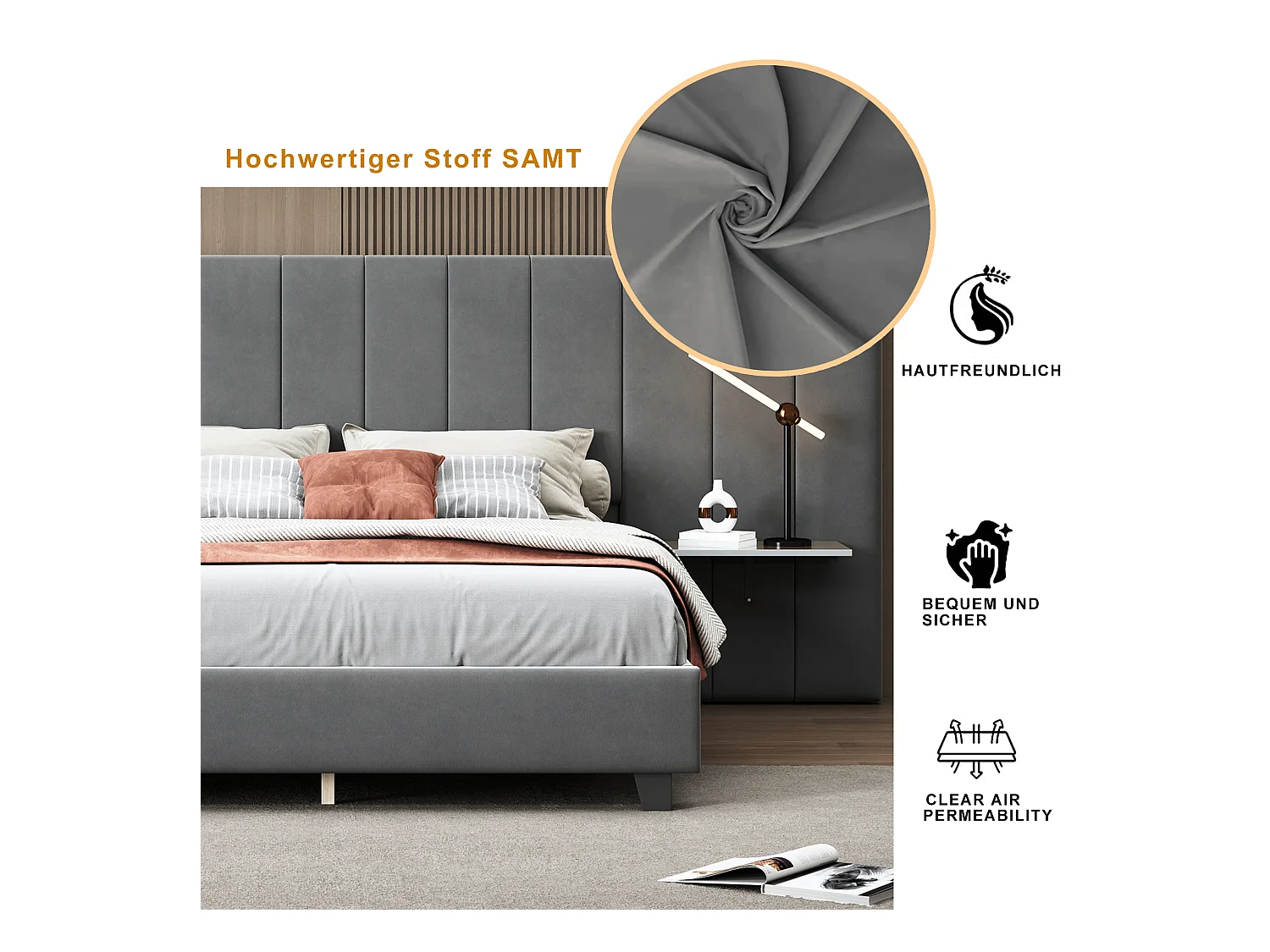 Cama tapizada 160x200 cm, cabecero alargado reversible, baldas laterales, tela terciopelo gris (201x161x108 cm)