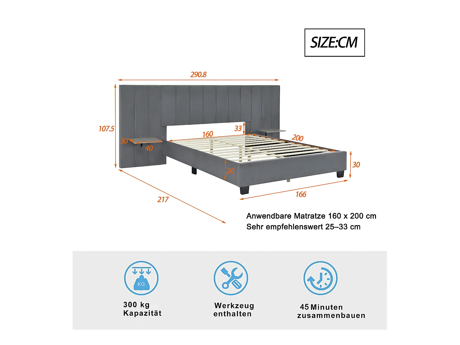 Cama tapizada 160x200 cm, cabecero alargado reversible, baldas laterales, tela terciopelo gris (201x161x108 cm)