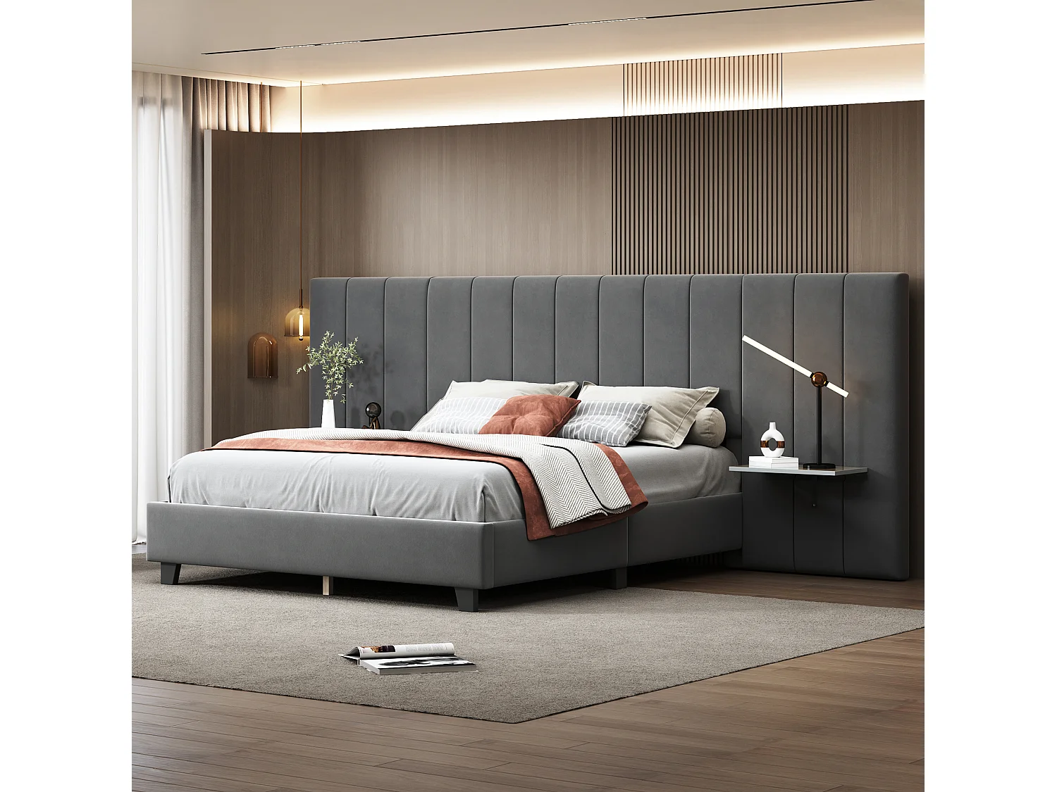 Lit tapissé 160x200 cm, tête de lit allongée réversible, étagères latérales, tissu velours gris (201x161x108 cm)