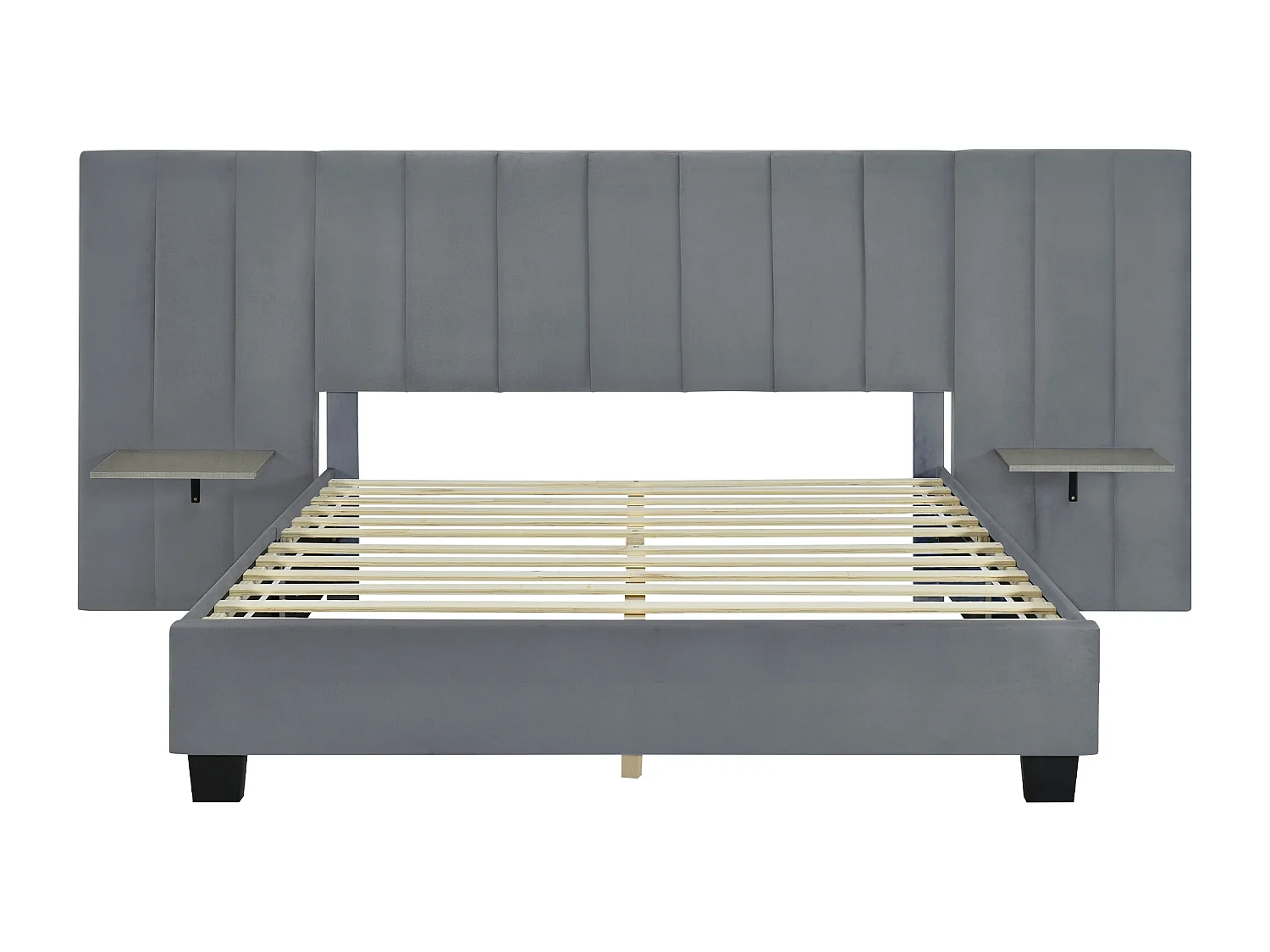 Lit tapissé 160x200 cm, tête de lit allongée réversible, étagères latérales, tissu velours gris (201x161x108 cm)