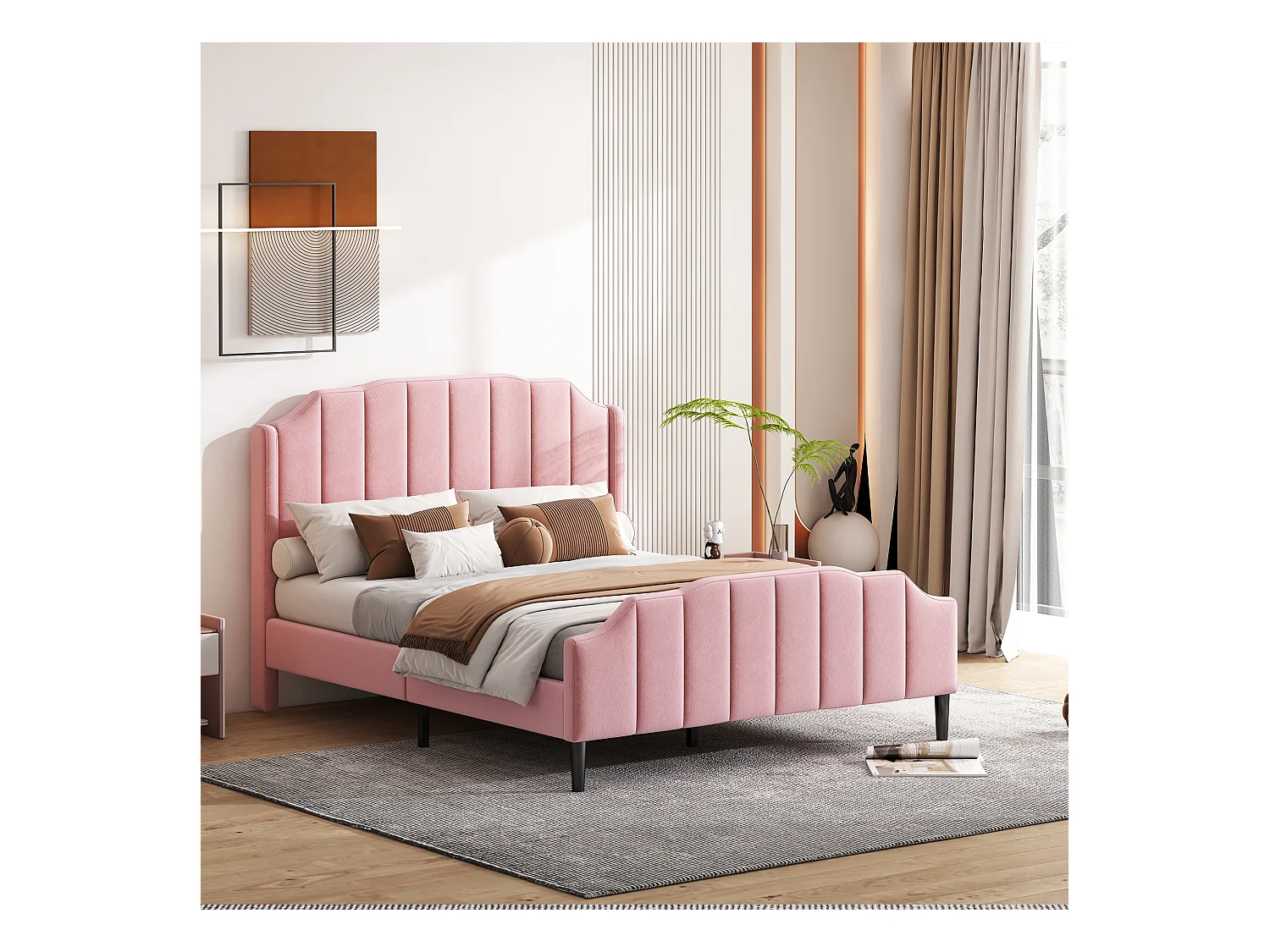 Lit double 140x200cm, cadre avec tête et pied de lit, sommier à lattes, velours rose (216x150x116cm)