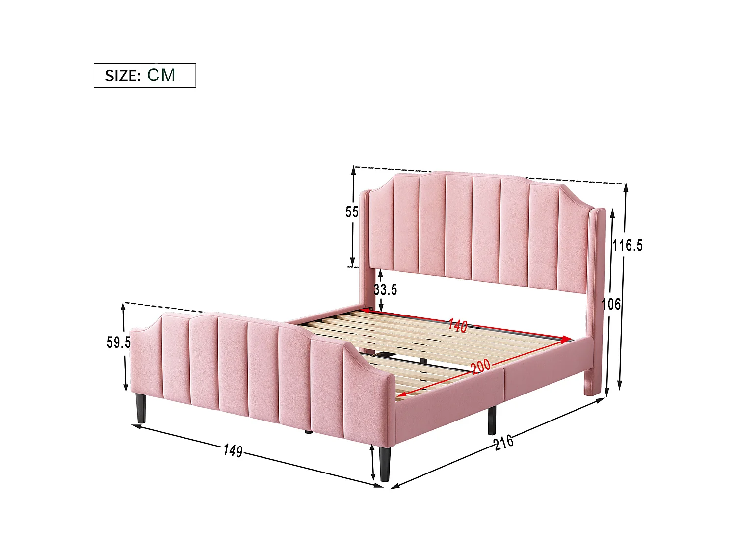 Lit double 140x200cm, cadre avec tête et pied de lit, sommier à lattes, velours rose (216x150x116cm)
