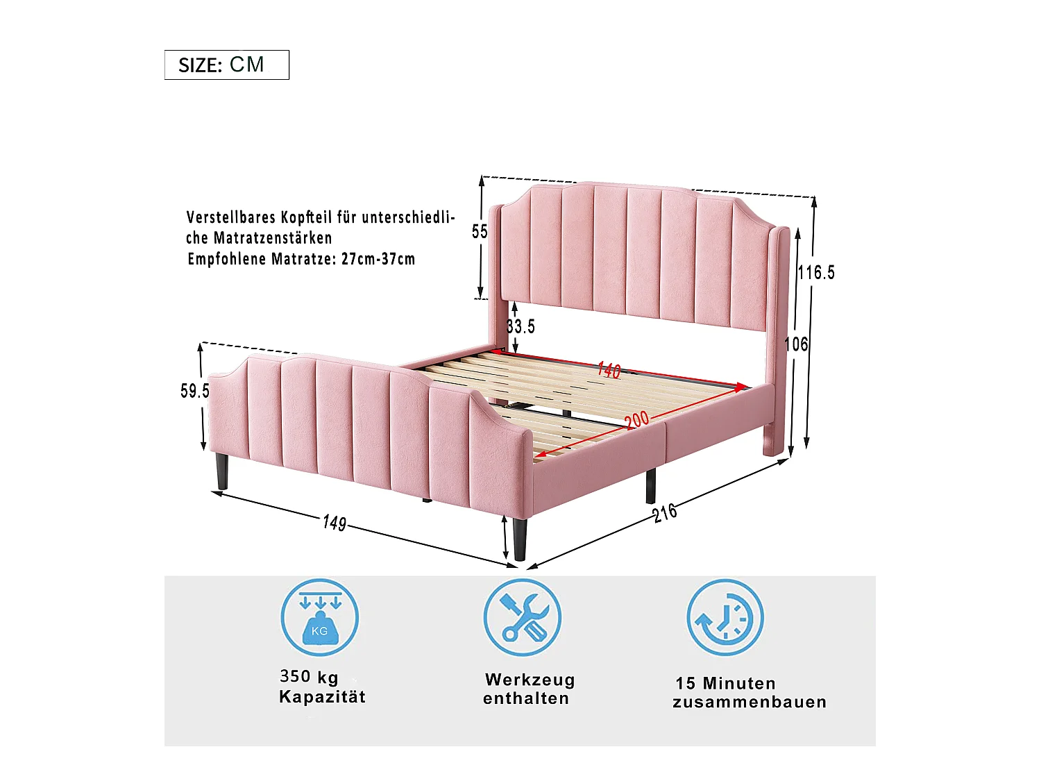 Lit double 140x200cm, cadre avec tête et pied de lit, sommier à lattes, velours rose (216x150x116cm)