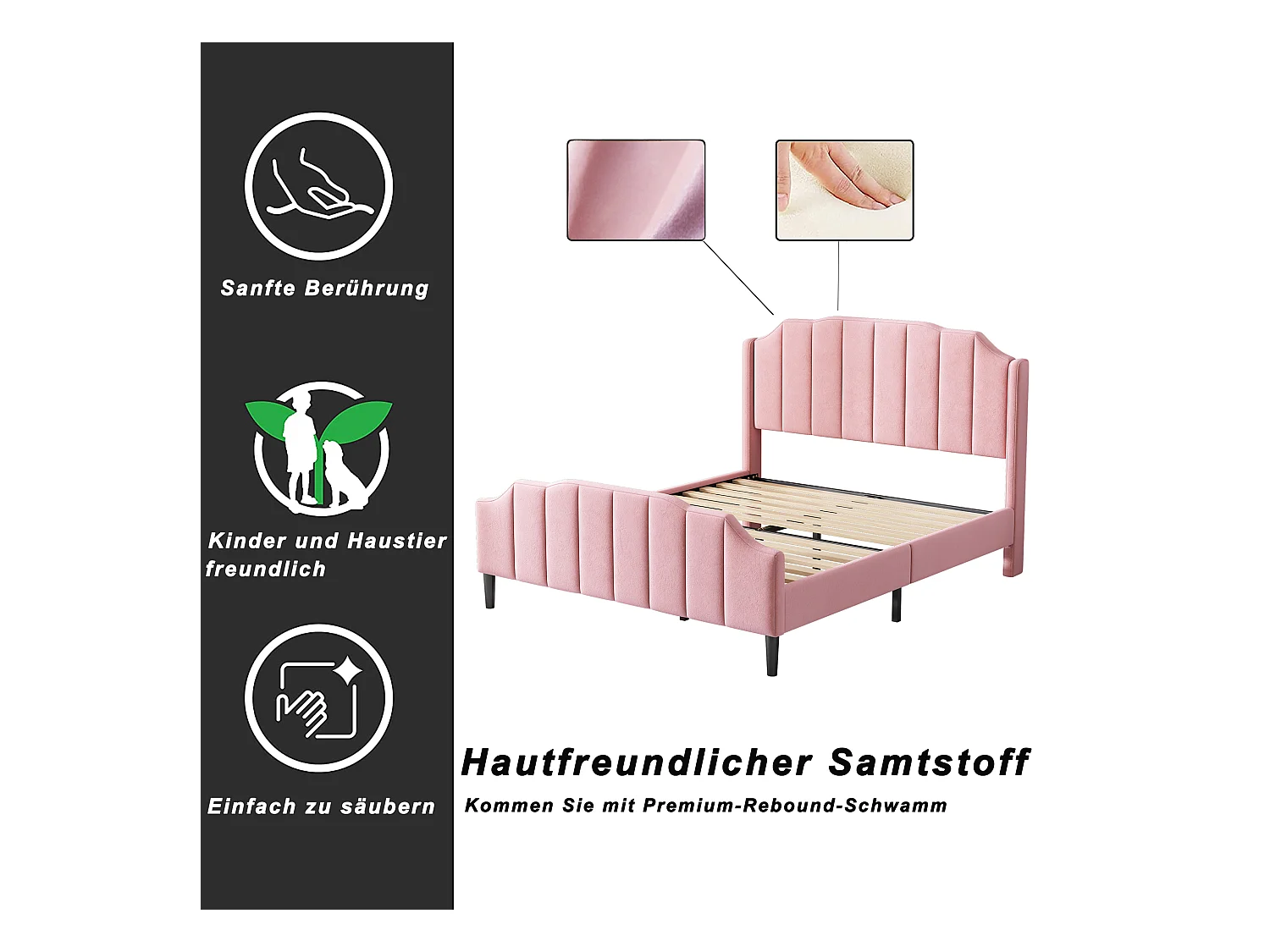 Lit double 140x200cm, cadre avec tête et pied de lit, sommier à lattes, velours rose (216x150x116cm)