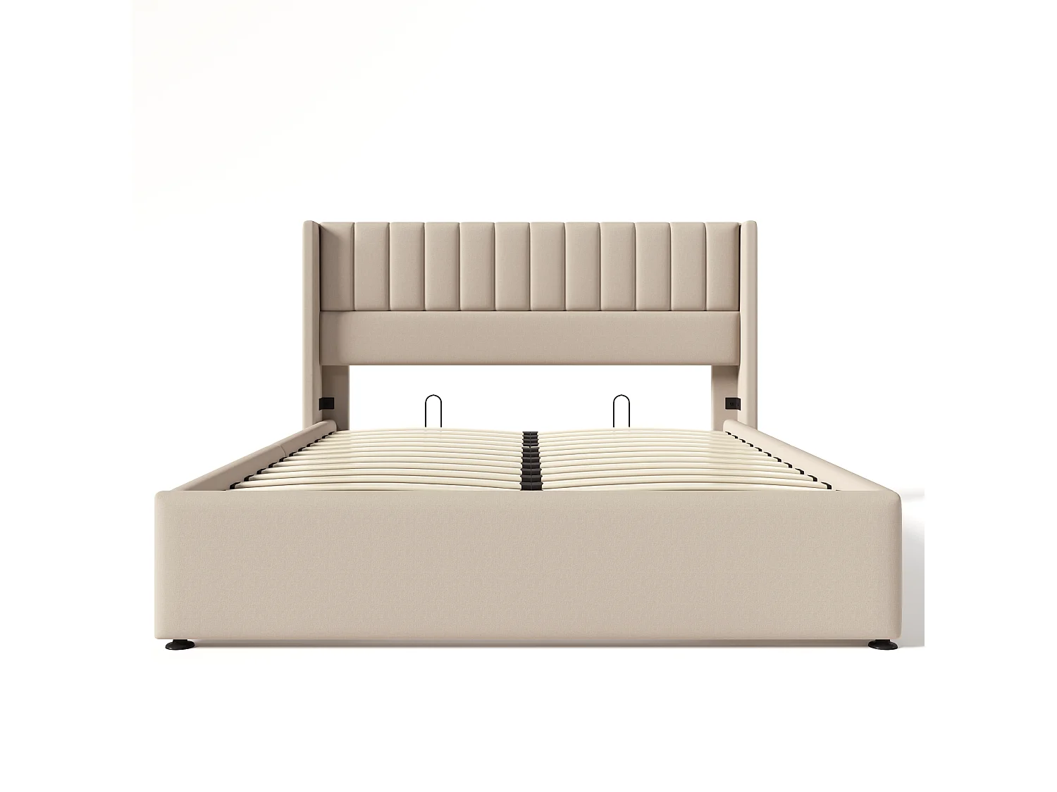 Letto matrimoniale con contenitore idraulico, lino, beige, base in legno e metallo (214,5x153x113cm)