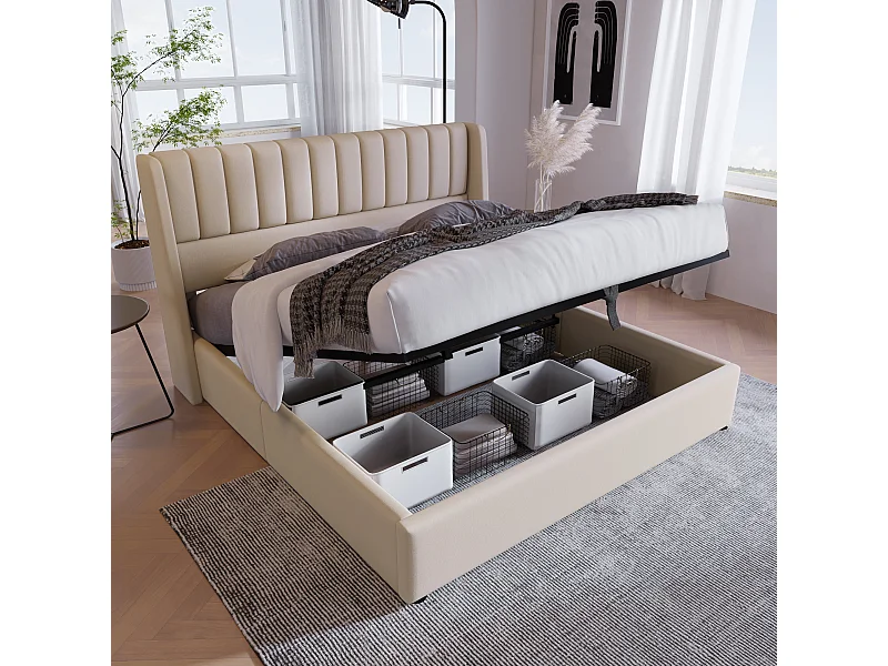 Tweepersoonsbed met hydraulische opbergruimte, linnen, beige, houten en metalen onderstel (214,5x153x113cm)