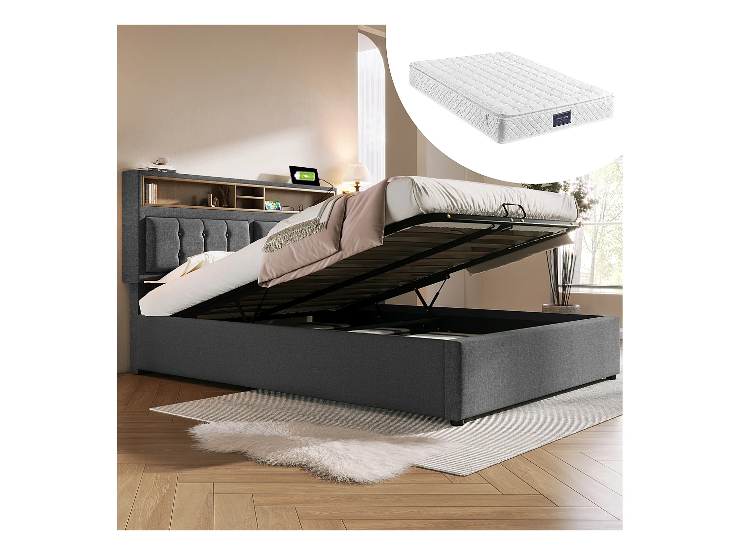 Lit double avec tête de lit réglable, prise USB-C intégrée, rangement, lin gris (143x204x92 cm)