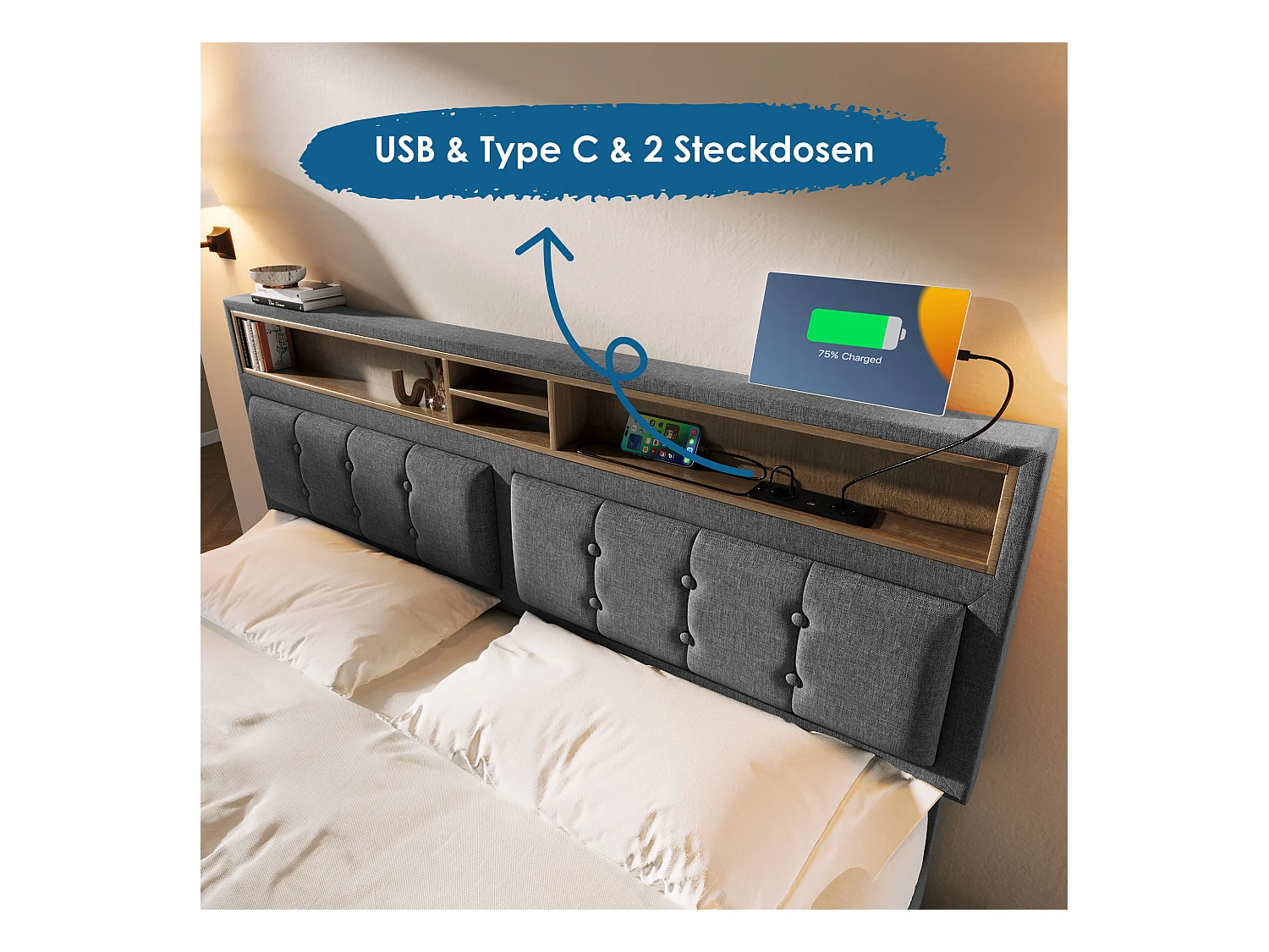 Lit double avec tête de lit réglable, prise USB-C intégrée, rangement, lin gris (143x204x92 cm)