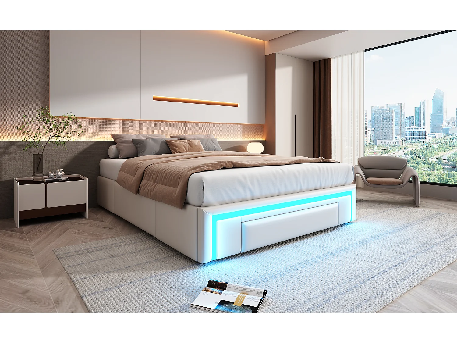 Bed 140x200 cm met lades, PU kunstlederen bed zonder hoofdeinde, met LED-verlichting, metalen platform (200x140x32 cm)