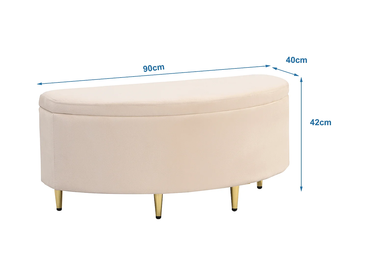 Banc de rangement en velours, avec boîte de rangement et pieds en métal, idéal pour entrée, salon ou chambre, Beige (90x40x42 cm)