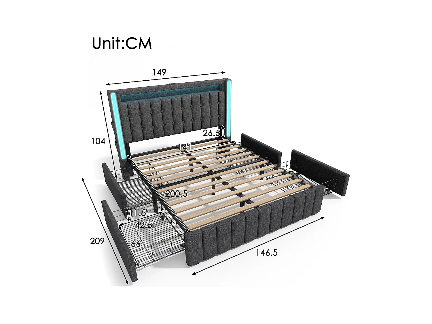 Lit double 140x200 cm avec LED, 4 tiroirs, USB Type C et tête de lit réglable, lin gris (209x149x104 cm)
