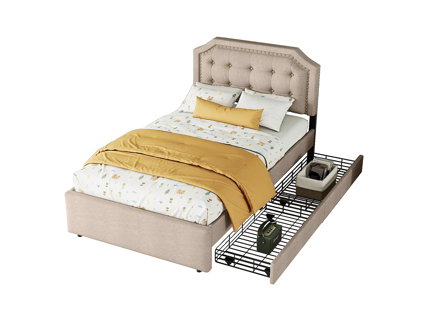 Lit plat 90x200 cm, lit rembourré avec tiroirs, tissu avec clous décoratifs, beige (203x90x111.5 cm)