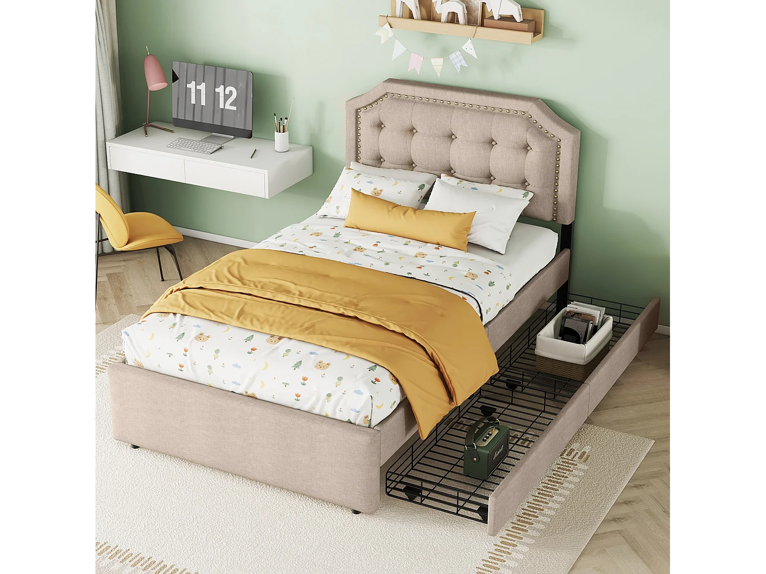 Lit plat 90x200 cm, lit rembourré avec tiroirs, tissu avec clous décoratifs, beige (203x90x111.5 cm)