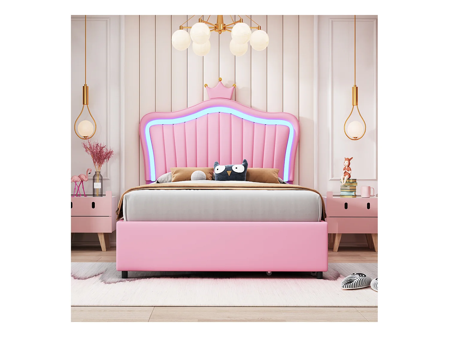 Lit 90x200 cm avec LED, Bluetooth et USB, Lit multifonction en PU Cuir, Blanc/Rose (203.5x100x130.5 cm)