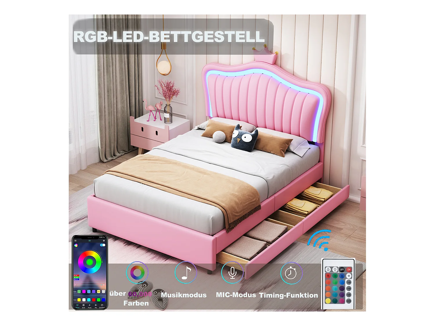 Lit 90x200 cm avec LED, Bluetooth et USB, Lit multifonction en PU Cuir, Blanc/Rose (203.5x100x130.5 cm)