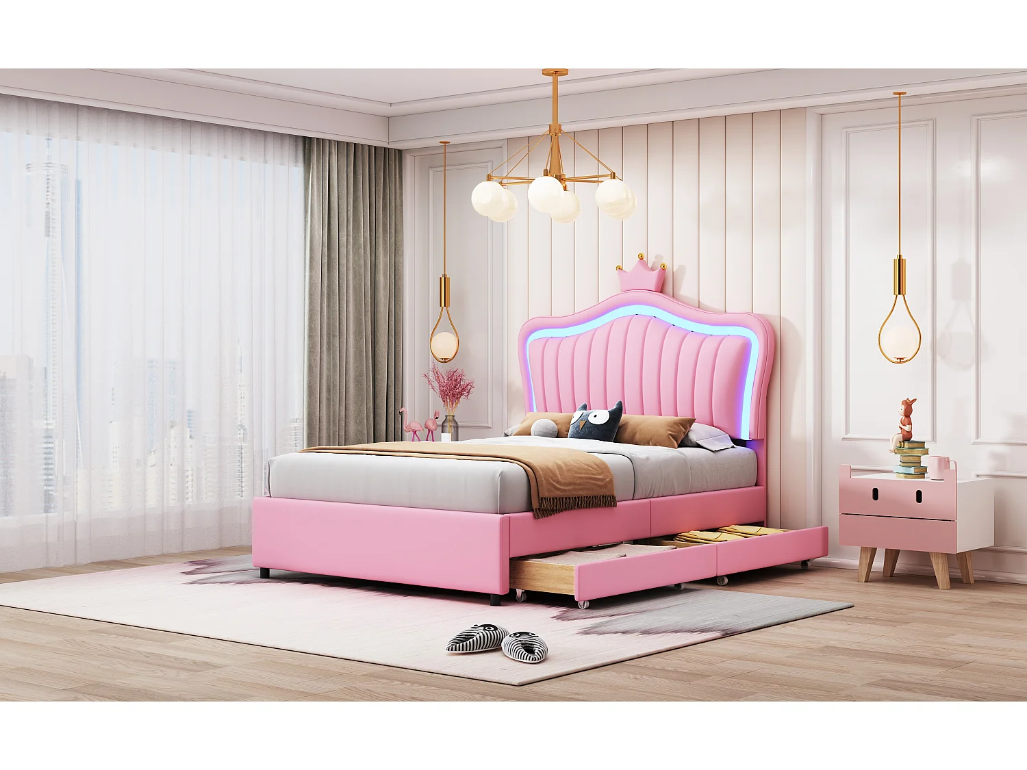 Lit 90x200 cm avec LED, Bluetooth et USB, Lit multifonction en PU Cuir, Blanc/Rose (203.5x100x130.5 cm)