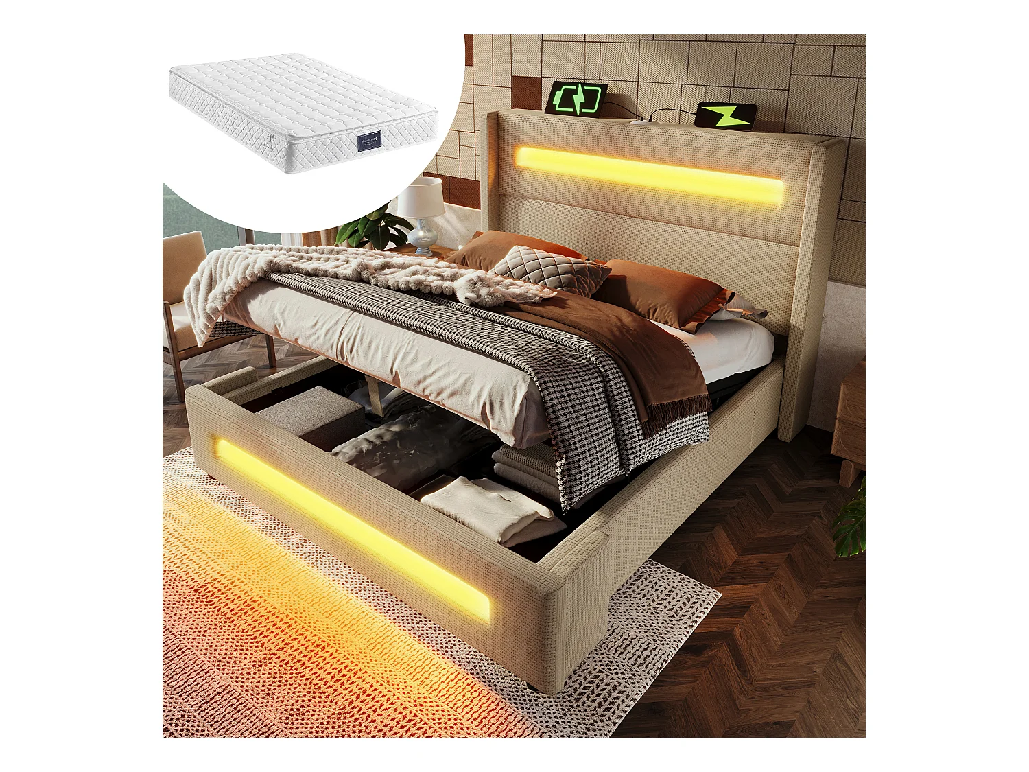 Lit 140x200 cm avec LED, stockage hydraulique, chargement USB Type-C, cadre métallique, lattes bois, lin beige (219x155x121 cm)