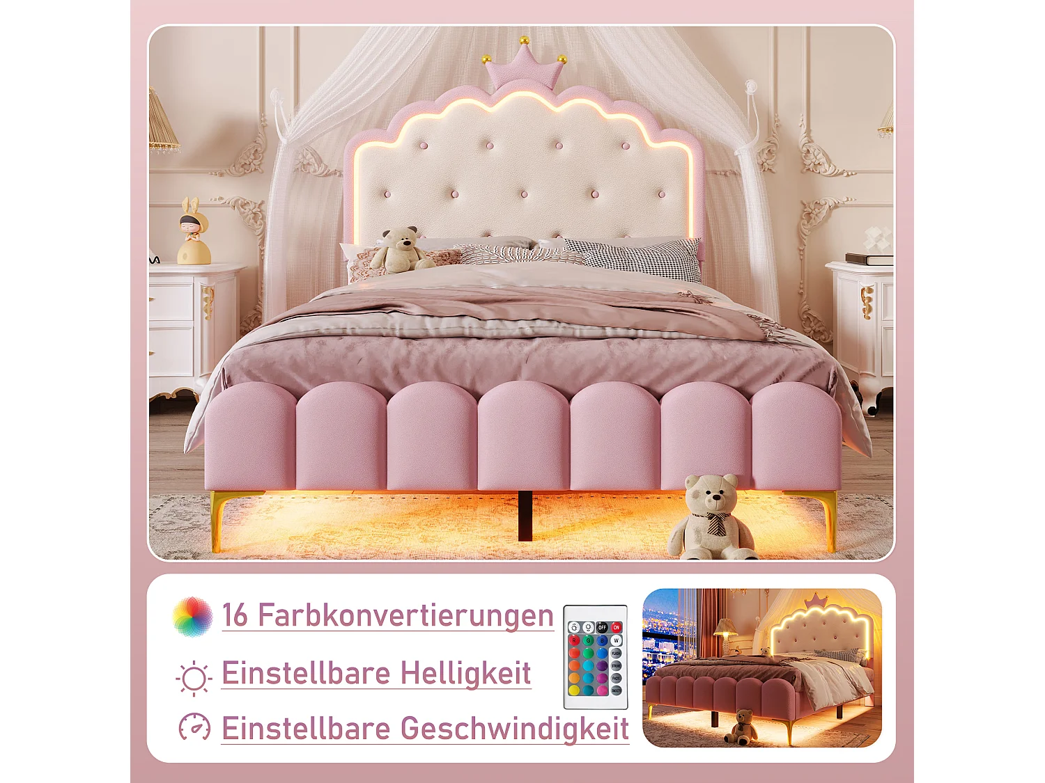 Prinsessenbed met ledverlichting, 140x200 cm, met hydraulische opbergruimte, kroonvorm, PU, roze (203x143x133,5 cm)
