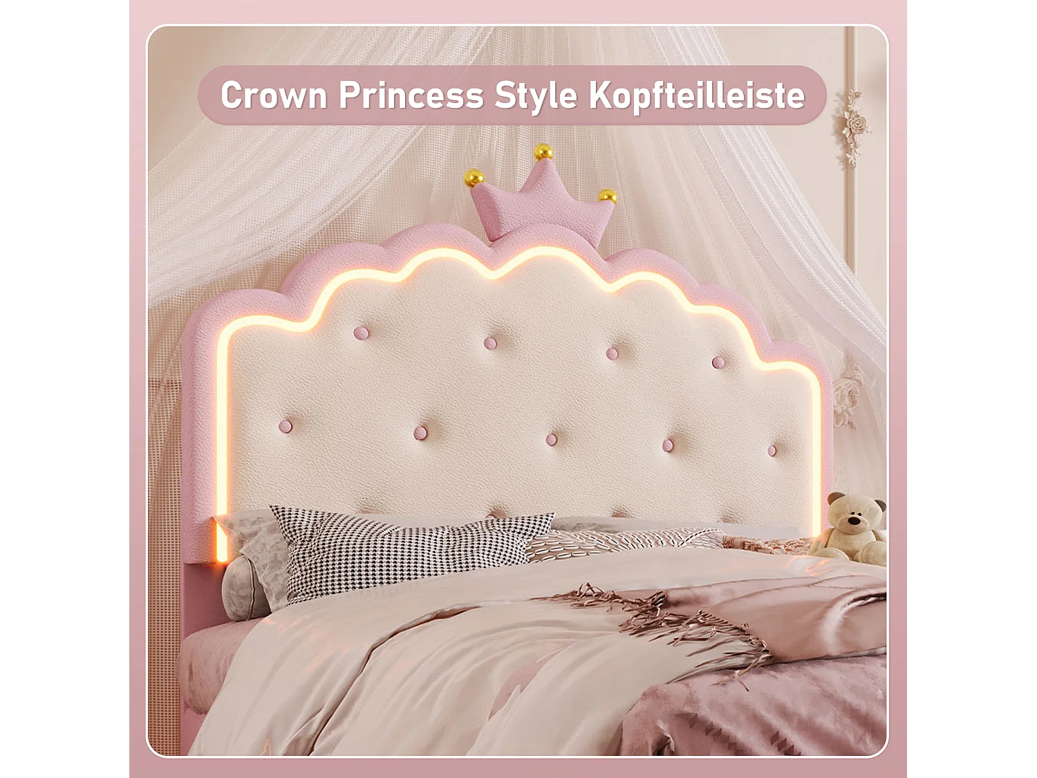 Prinsessenbed met ledverlichting, 140x200 cm, met hydraulische opbergruimte, kroonvorm, PU, roze (203x143x133,5 cm)
