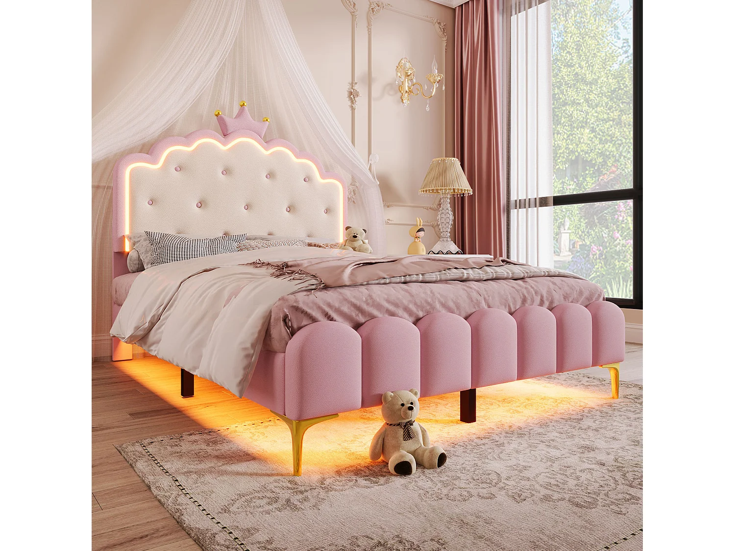 Prinsessenbed met ledverlichting, 140x200 cm, met hydraulische opbergruimte, kroonvorm, PU, roze (203x143x133,5 cm)