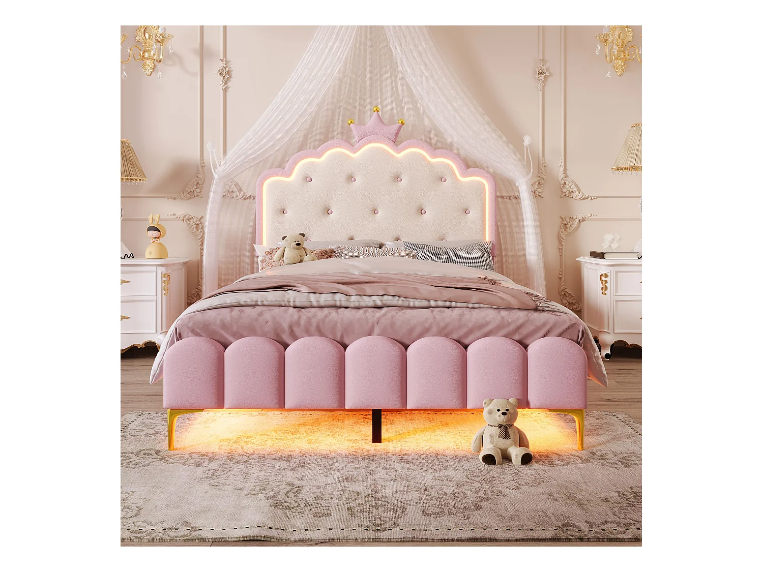 Lit Princesse avec Éclairage LED, 140x200 cm, avec rangement hydraulique, forme Couronne, PU, rose (203x143x133.5 cm)