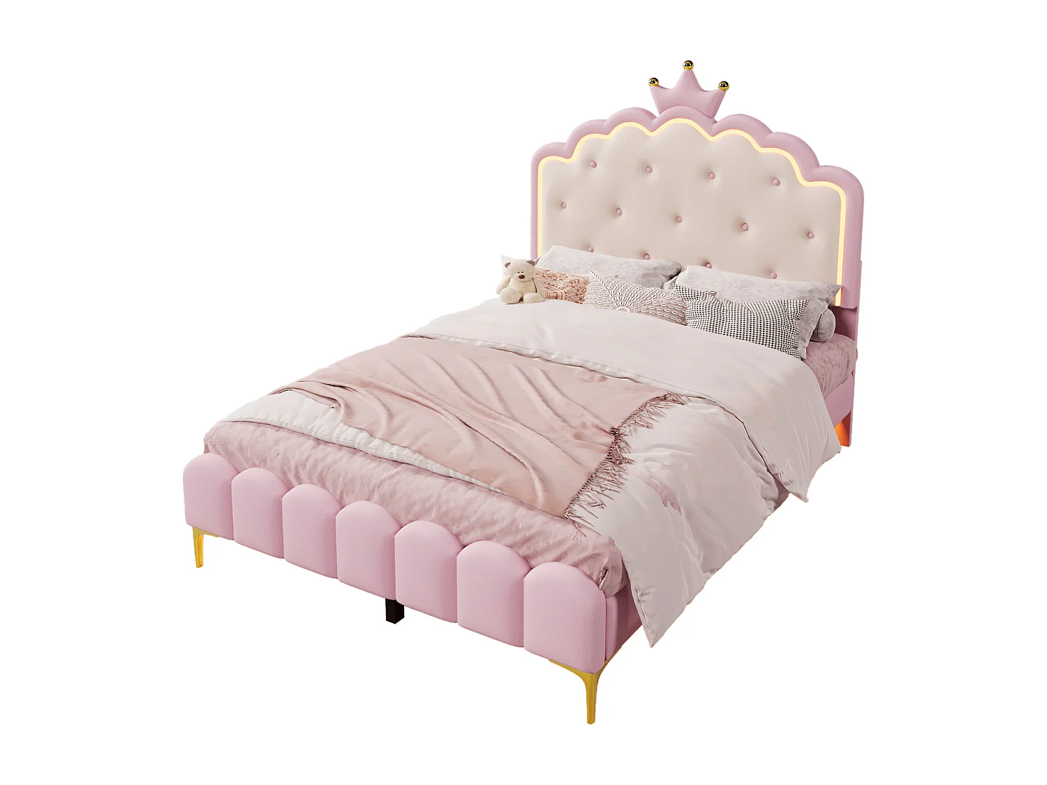 Lit Princesse avec Éclairage LED, 140x200 cm, avec rangement hydraulique, forme Couronne, PU, rose (203x143x133.5 cm)