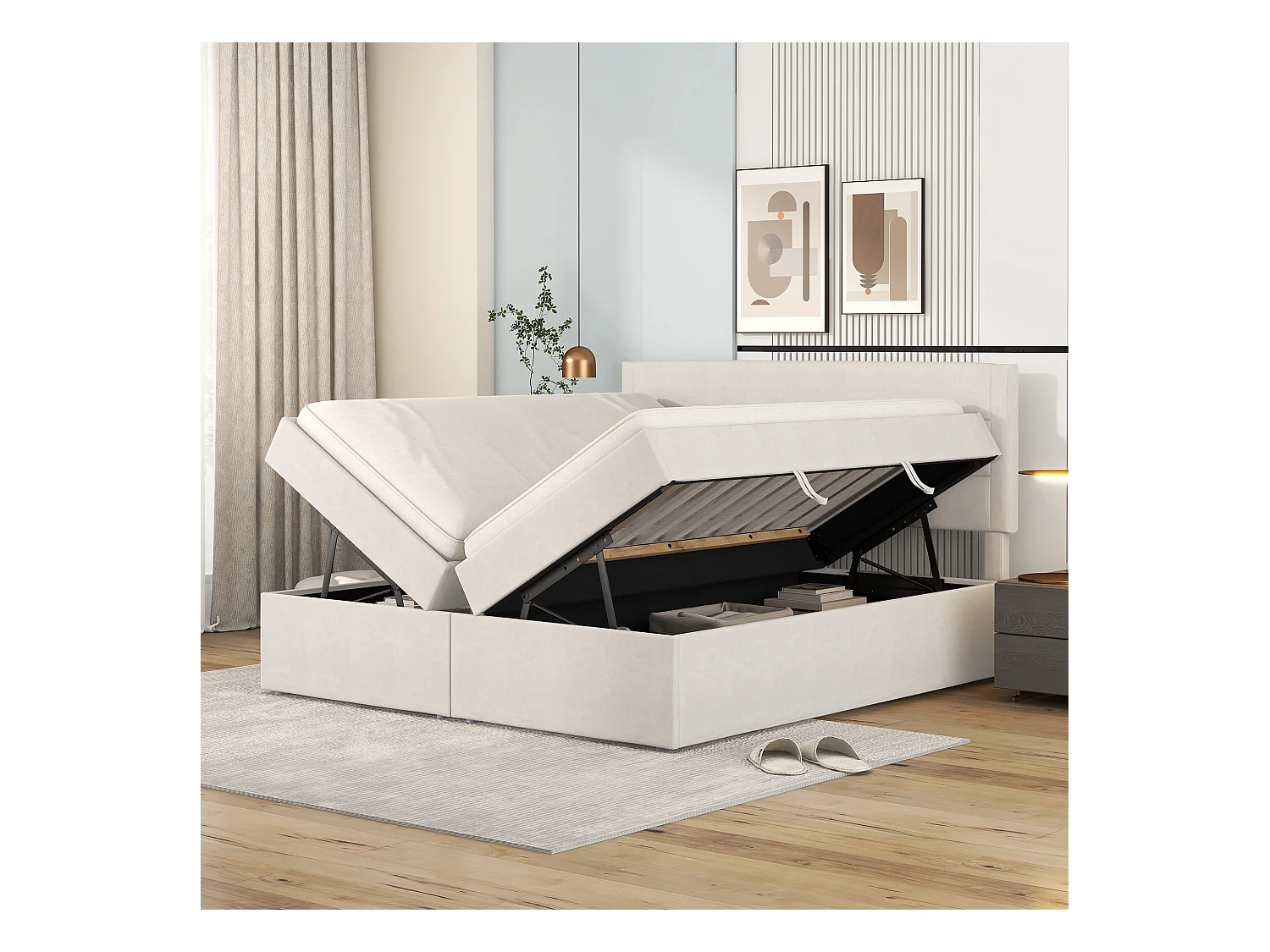 Lit coffre avec sommier à lattes, 140x200 cm, cadre métallique, avec grand espace de rangement, beige