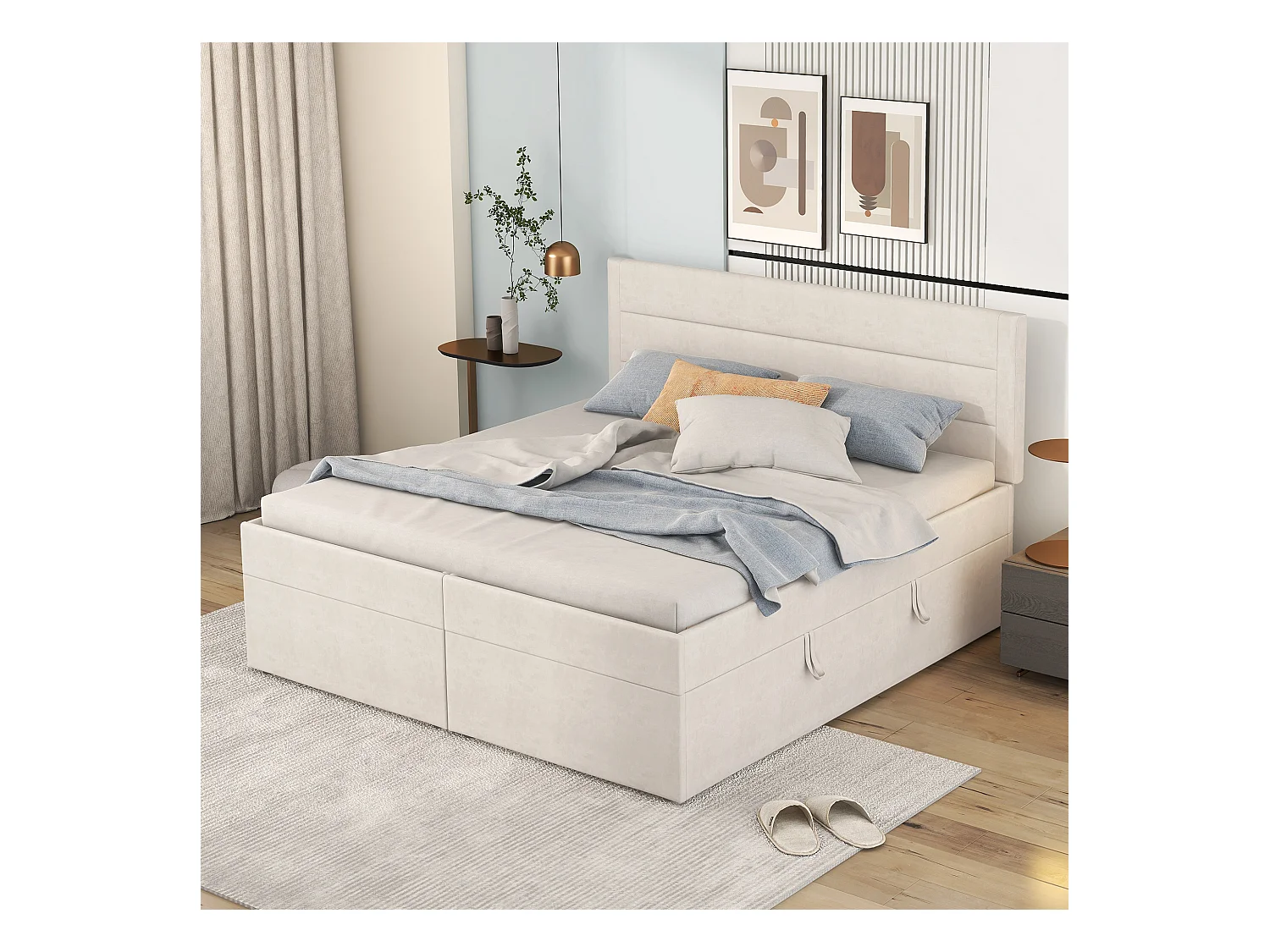 Lit coffre avec sommier à lattes, 140x200 cm, cadre métallique, avec grand espace de rangement, beige